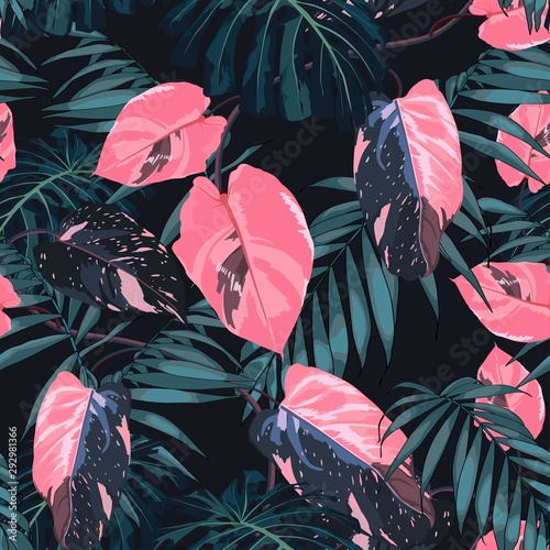 Tropic summer painting seamless pattern with exotic pink liana branch and blue palm monstera leaves. Trendy exotic flower wallpaper on balck background.