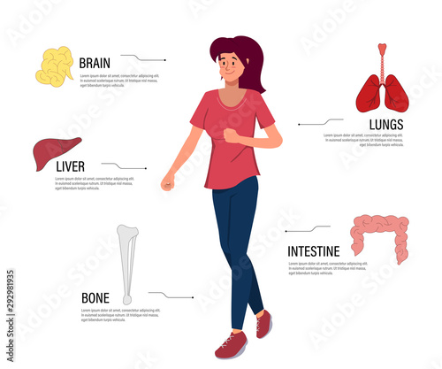 Character woman body and anatomy diagram infographic.