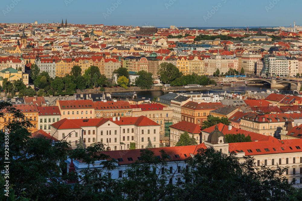 View over the roofs and historical buildings of Prague the capital of the Czech Republic on a sunny day with blues sky and bushes in the foreground