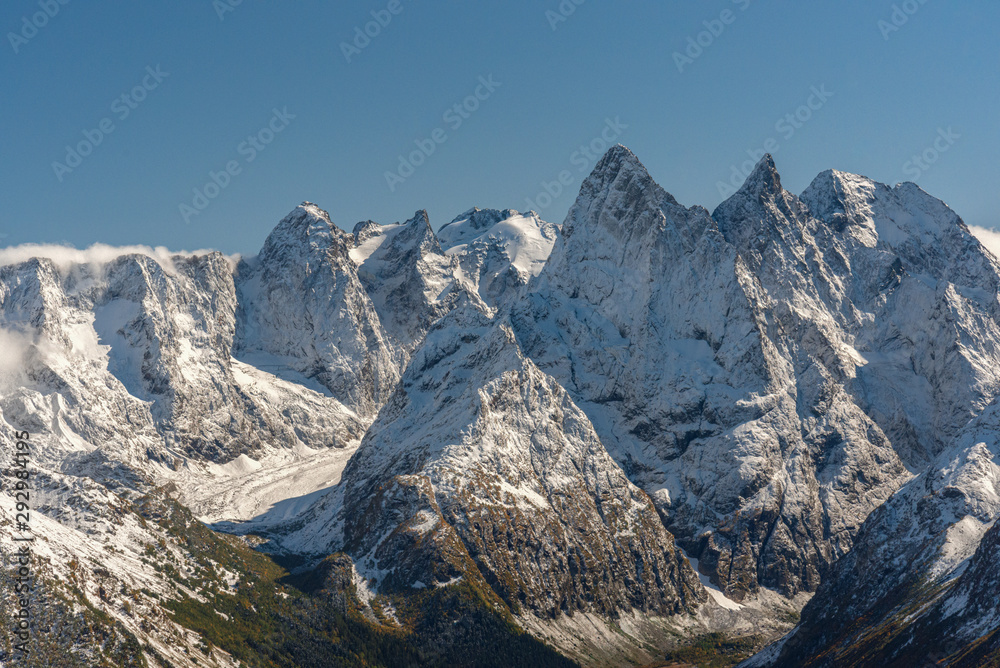 snow-capped peaks of Mount Chotcha in the gorge of the Gonachkhir River in the Teberda Nature Reserve