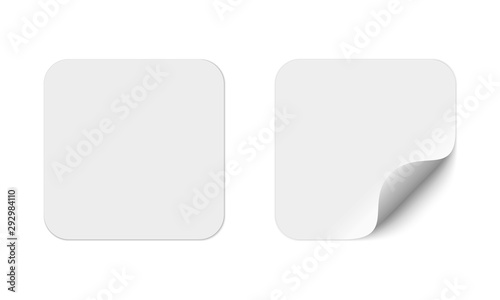 Blank square adhesive stickers mock up with curved corner. Mockup empty rectangular sticky label.