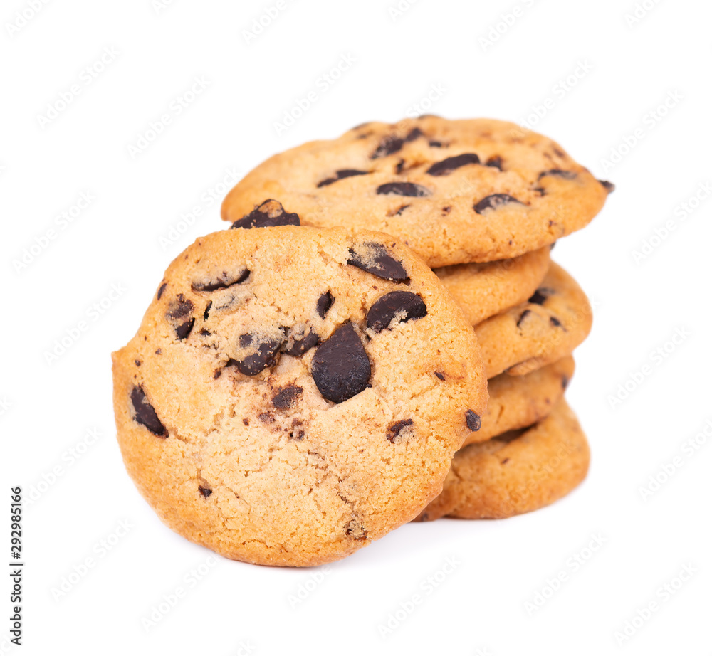 Chocolate chip cookie isolated on white background. Cookies with chocolate drops. Sweet biscuits. Homemade pastry. Chocolate chip cookie isolated on white background. Cookies with chocolate drops. Sweet biscuits. Homemade pastry.