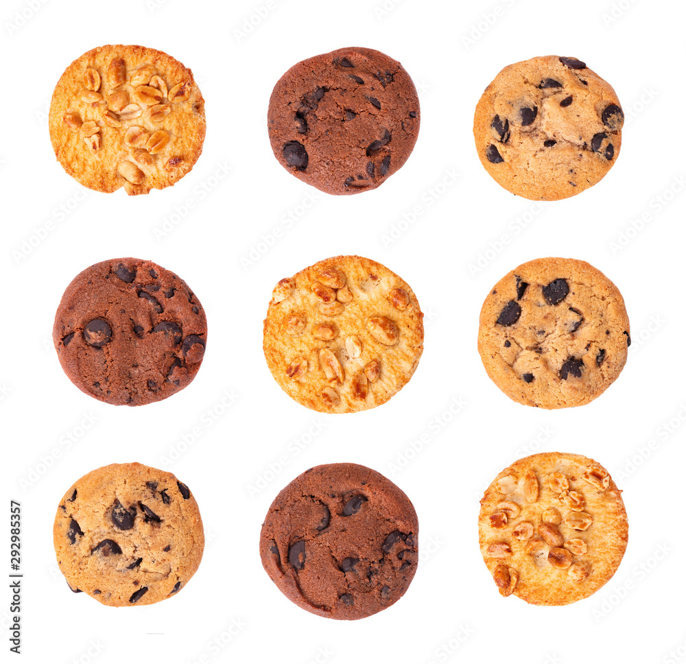 Set of cookies with peanuts and double chocolate isolated on white background. Sweet biscuits. Homemade pastry. Top view. Set of cookies with peanuts and double chocolate isolated on white background. Sweet biscuits. Homemade pastry. Top view.