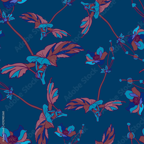 Blooming roses. Seamless colorful pattern with dark roses and leaves on black background. The design is suitable for clothes, wallpaper, background.