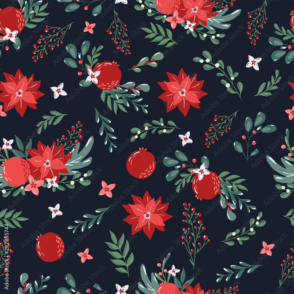 Seamless pattern with hand drawn poinsettia flowers and floral branches and  berries, mistletoe, christmas florals. Repeating background for wrapping  paper, fabric, stationary products decoration. Stock Vector by ©Saltoli  310224892