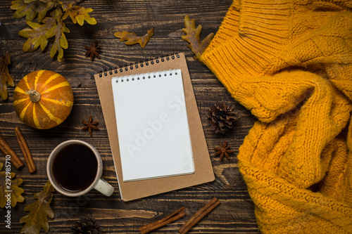 Autumn flat lay background on wooden table.