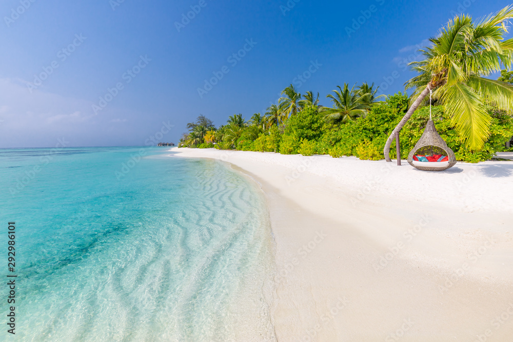 Landscape of tropical beach. Paradise island coastline, palm trees calm sea water. Peaceful exotic nature - obrazy, fototapety, plakaty 