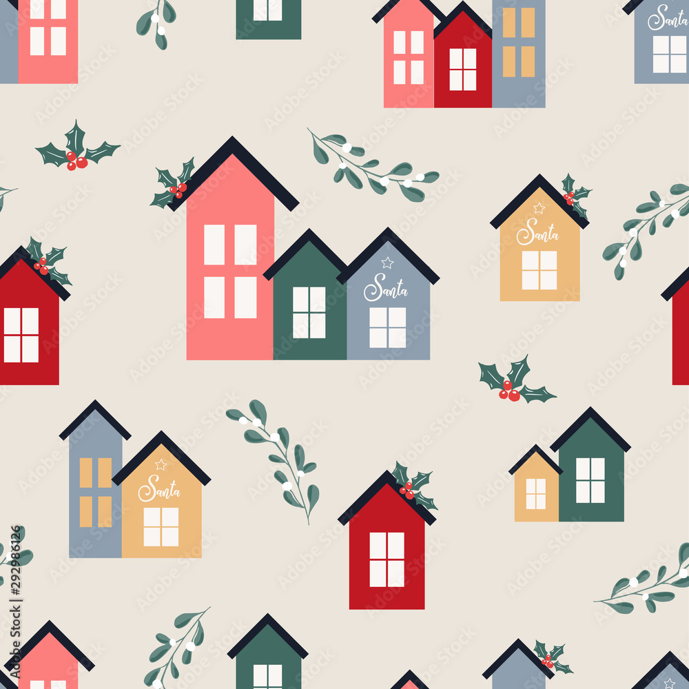 Seamless pattern with hand drawn cute house, floral branches, mistletoe, florals in modern scandinavian style. Repeating background for wrapping paper, fabric, stationary products decoration. Seamless pattern with hand drawn cute house, floral branches, mistletoe, florals in modern scandinavian style. Repeating background for wrapping paper, fabric, stationary products decoration.