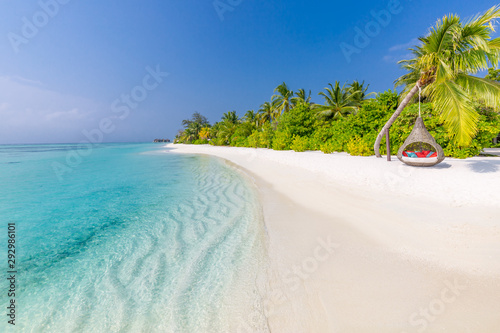 Landscape of tropical beach. Paradise island coastline, palm trees calm sea water. Peaceful exotic nature