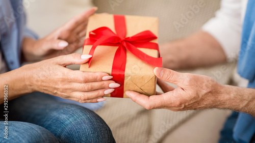 Senior woman giving Christmas gift box to elderly man