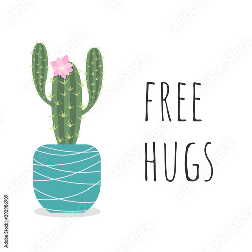 Cactus print with inspirational inscription Free hugs isolated on dark background