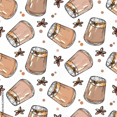 Hand drawn yellow and orange Autumn romantic seamless pattern with cute cups, mugs, coffee, cocoa and more. Vector illustration on white background for home textile, wallpaper, decor, pakaging