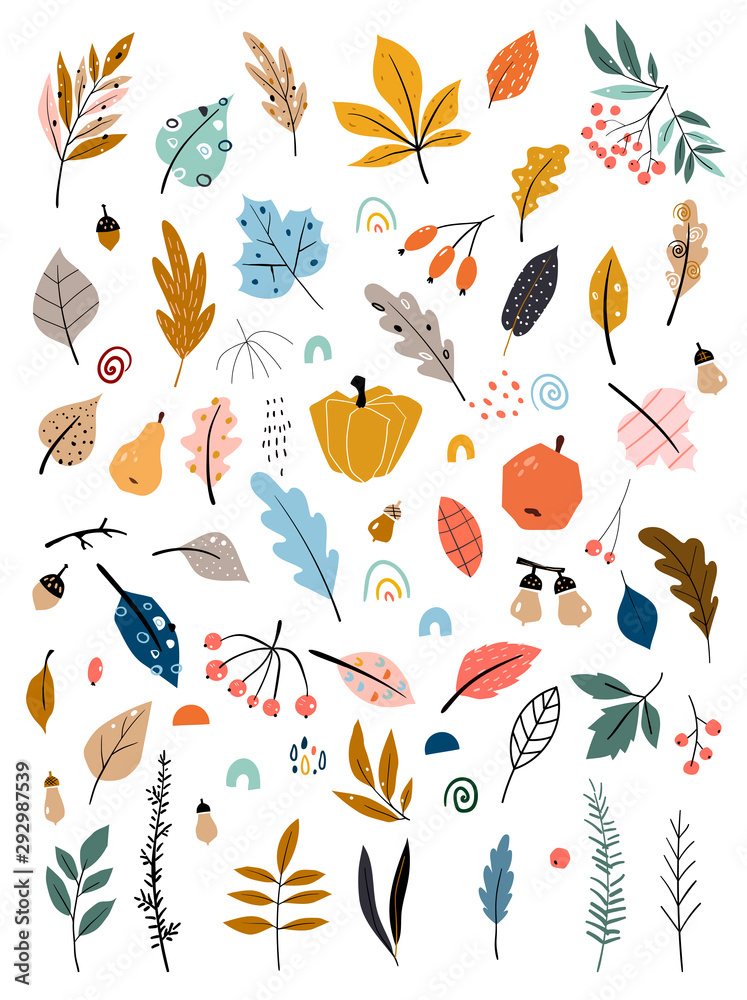 Children s illustration with hand drawn leaves, vegetables and autumn harvest. Autumn set. Collection of hand drawn fallen leaves, vegetables, berries, acorns, forest mushrooms. Children s illustration with hand drawn leaves, vegetables and autumn harvest. Autumn set. Collection of hand drawn fallen leaves, vegetables, berries, acorns, forest mushrooms.