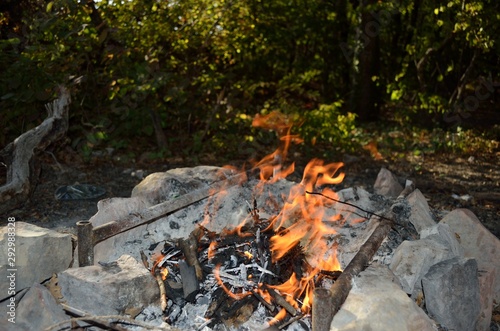 Bonfire, coal and stones in the forest. © lindama