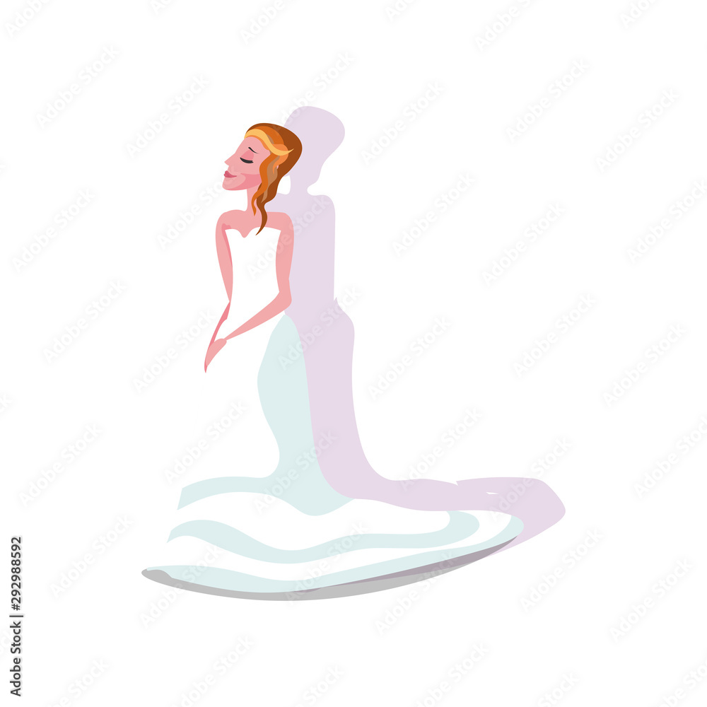 Obraz premium White modern style wedding dress with a long skirt on the young bride with shadow. Vector illustration in a flat cartoon style.