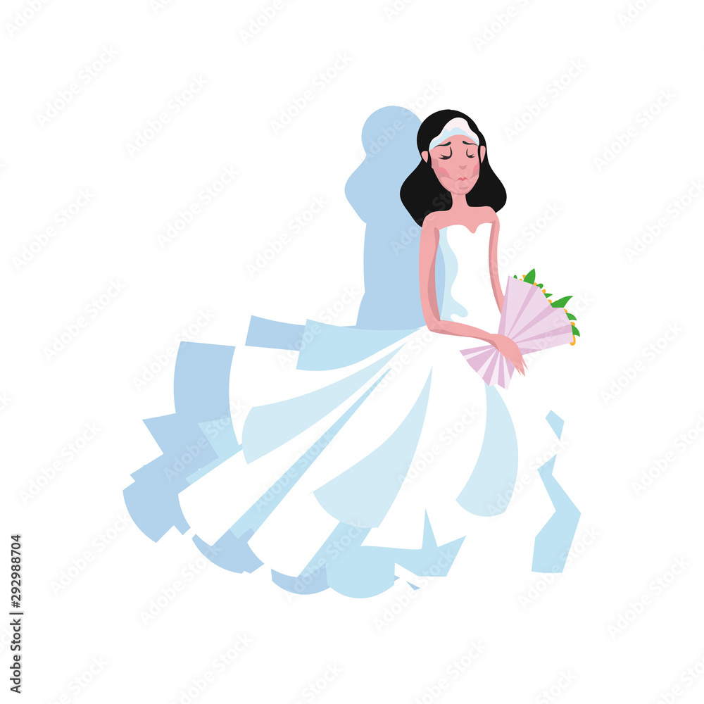 White modern style wedding dress with a long skirt on the young bride with diadem and flowers. Vector illustration in a flat cartoon style.