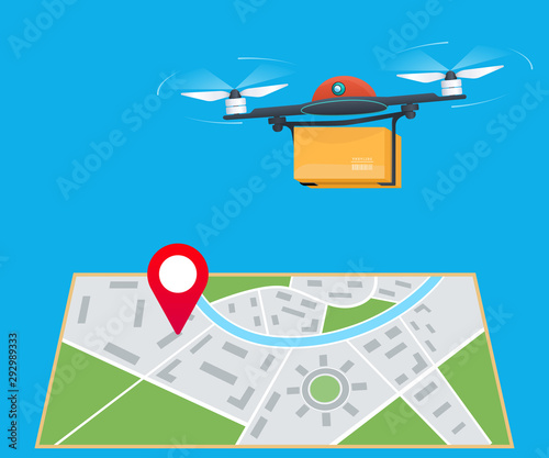 Drone delivery service concept. Quadcopter flying over a map with location pin and carrying a package to customer.