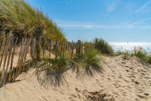 Camber Sands beach in East Sussex, in the village of Camber, UK. The 3 miles stretch is the only sand dune beach in East Sussex.