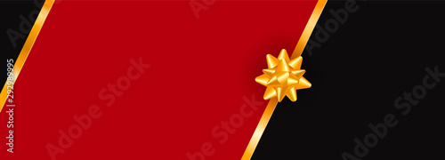 Greeting card template with golden bow and ribbon. Luxury premium New Year or Christmas holiday gift card, invitation, voucher, coupon, banner or present design. Place for text.