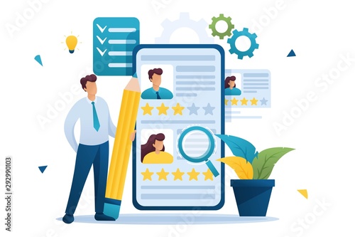 Young successful HR Manager, resume review, recruitment concept. Flat 2D character. Concept for web design