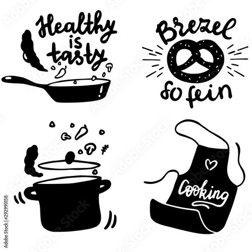 Set of retro vintage hand drawn badges, labels, logos. Elements and symbols for a restaurant menu, cafe, home cooking. Silhouette vector drawing of kitchen objects with writing tasty and healthy.