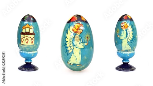 Set of Christmas hand-painted wooden egg isolated on white background