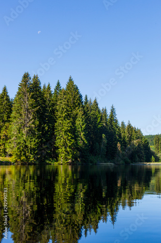 See vor wunderschöner Waldlandschaft. Lake at beautiful forest landscape.