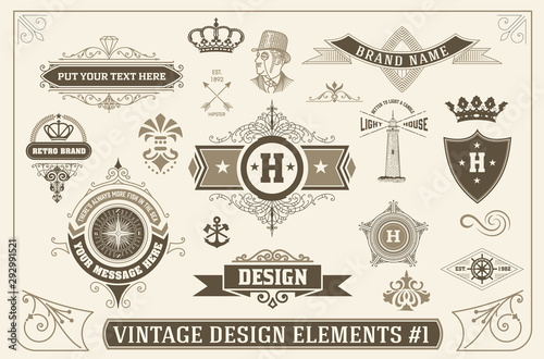 Retro vintage design elements. Logos, banners, ribbons, crowns, calligraphy swirls, ornaments, arrows and other.