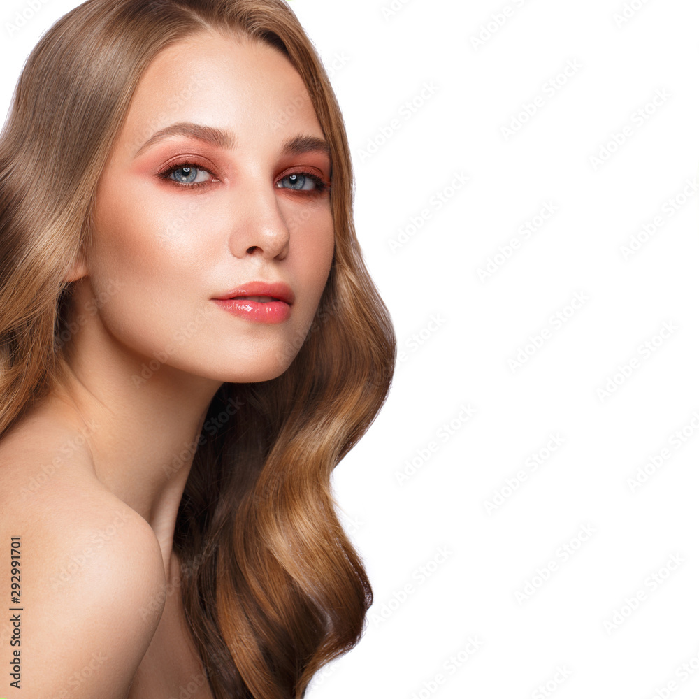 Beautiful fresh girl with perfect skin, curls hair and classic make up. Beauty face. Beautiful fresh girl with perfect skin, curls hair and classic make up. Beauty face.