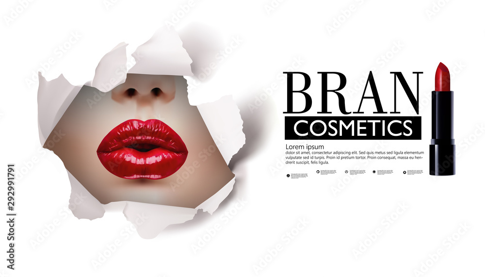 Red lips look through the hole in the white paper.Beautiful model girl.beauty product illustration.  - obrazy, fototapety, plakaty 