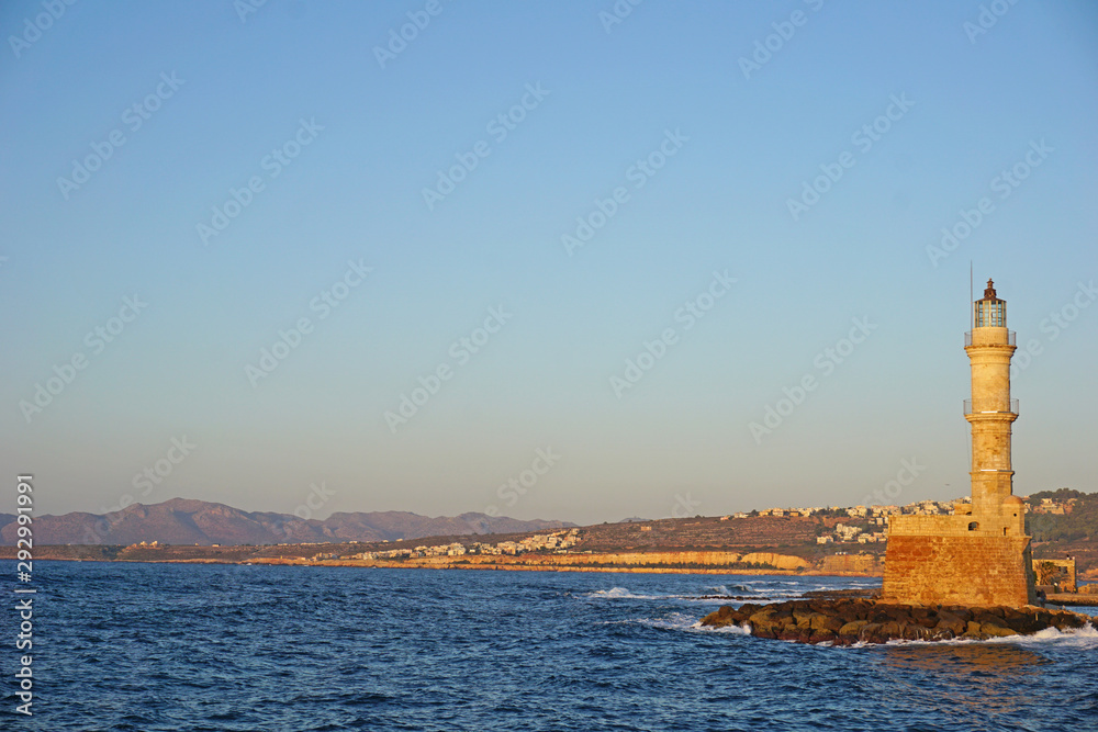 The famous lighthouse on the coast of Chania, Crete. Greece.