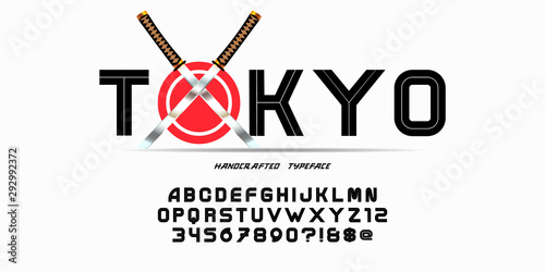 Logo with the inscription "Tokyo" and crossed Katanas, as well as Vector decorative bold font design, alphabet, font, typography.