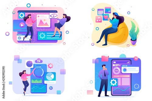 Set Flat 2D concepts concepts web design, social networks, data analysis, mobile collection. For Concept for web design