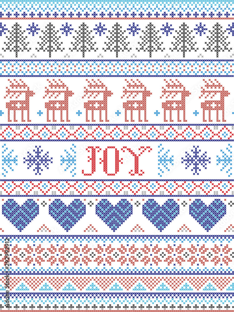 Simple Joy Christmas pattern with Scandinavian Nordic festive winter pasterns in cross stitch with heart, snowflake, snow, Christmas tree, reindeer, forest, star, snowflakes in white,red, gray, blue Simple Joy Christmas pattern with Scandinavian Nordic festive winter pasterns in cross stitch with heart, snowflake, snow, Christmas tree, reindeer, forest, star, snowflakes in white,red, gray, blue