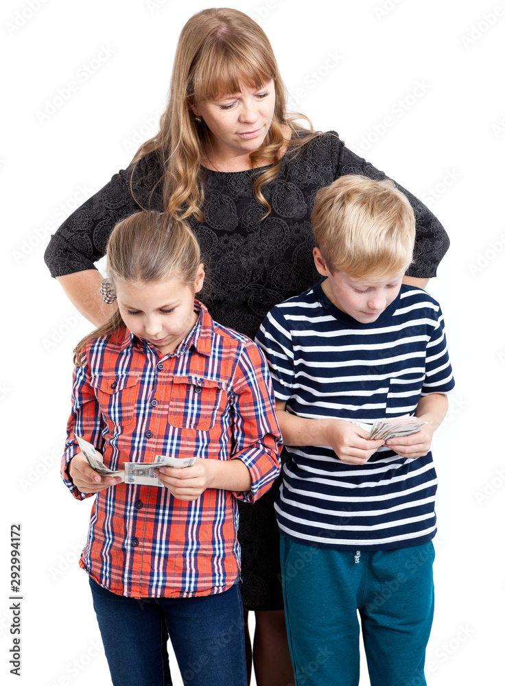 Rigid mother watch out for her preteen children counting pocket money, kids with cash in hands, isolated on a white background Rigid mother watch out for her preteen children counting pocket money, kids with cash in hands, isolated on a white background