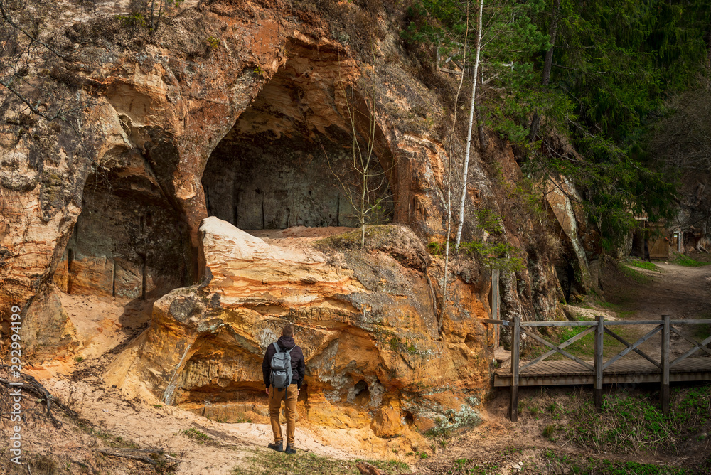 Sandstone Caves in Ligatne, Latvia. Caves with  old wooden doors.