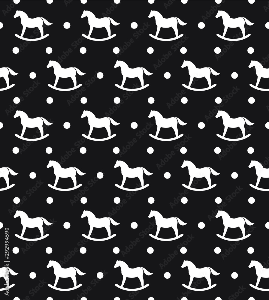 Vector seamless pattern of white rocking horse silhouette isolated on black background