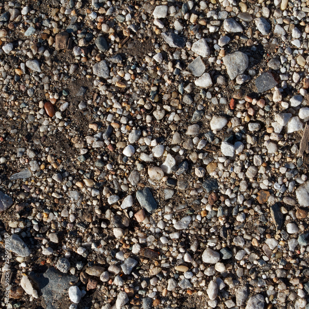 Pebbles and small smooth river stones on a wet sandy ground
