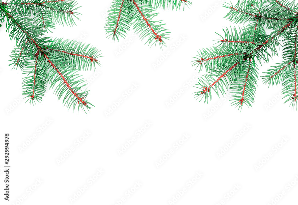 Top view on three fir branches isolated on white background. Template, blank, concept for christmas card