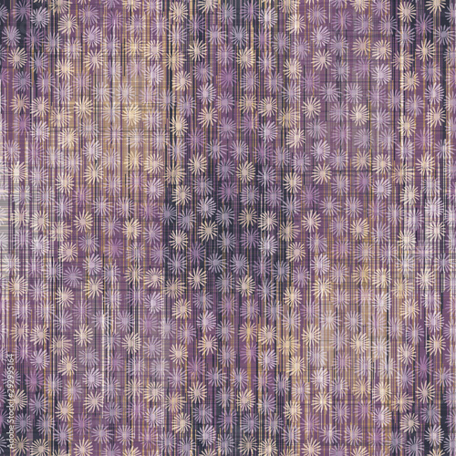 Space dyed ikat stripe variegated tie dye fabric background. Seamless pattern of woven textile broken line. Boho gradient weave blend all over print. Trendy mottled blurry fashion swatch. Gold Purple