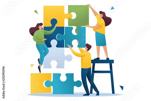 Young people connecting puzzle elements, teamwork, cooperation, partnership. Flat 2D character. Concept for web design