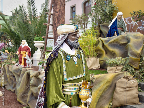 Life-size crib figure in the magnificent green velvet robe, the Holy King Kaspar photo