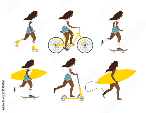 Vector flat cartoon set of different African American young women isolated on white background. Girls with surf, skate boards, rollers and scooter bundle illustration