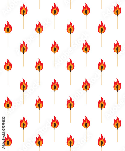 Vector seamless pattern of flat cartoon burning match isolated on white background