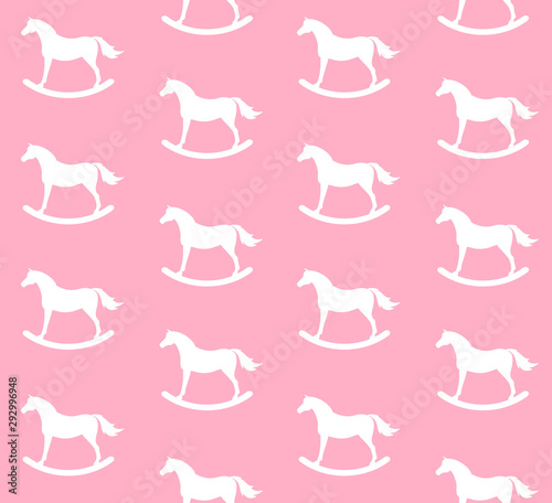 Vector seamless pattern of white rocking horse silhouette toy isolated on pastel pink background