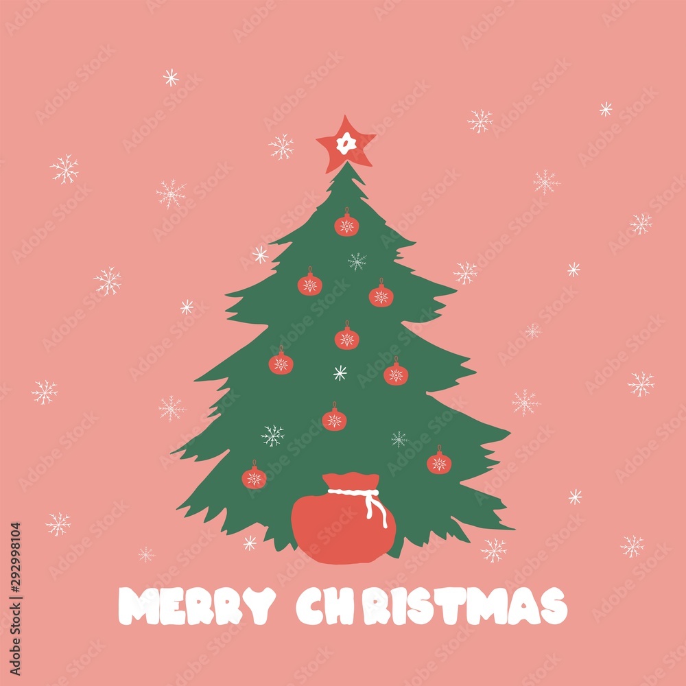 Decorative Christmas and New Year card. Merry Christmas, New Year tree with a bag of gifts. Pink background with snowflakes. Vector illustration Decorative Christmas and New Year card. Merry Christmas, New Year tree with a bag of gifts. Pink background with snowflakes. Vector illustration