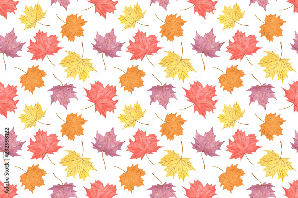 watercolor red, purple and yellow autumn maple leaves, repeat pattern in vibrant colors watercolor red, purple and yellow autumn maple leaves, repeat pattern in vibrant colors