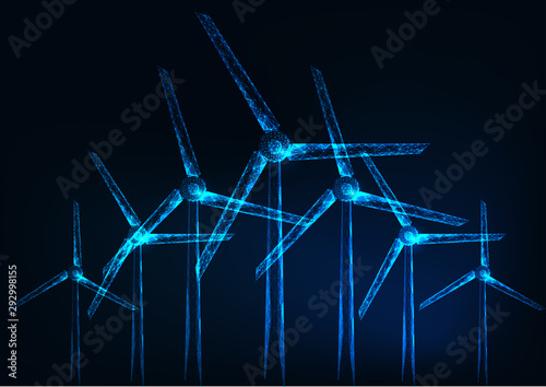 Futuristic glowing low polygonal windmill farm on dark blue background.