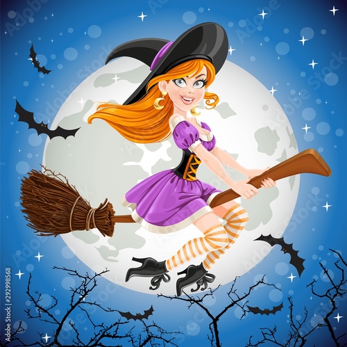 Red haired witch in purple dress flying on a broom in the night sky on the background of the full Halloween moon