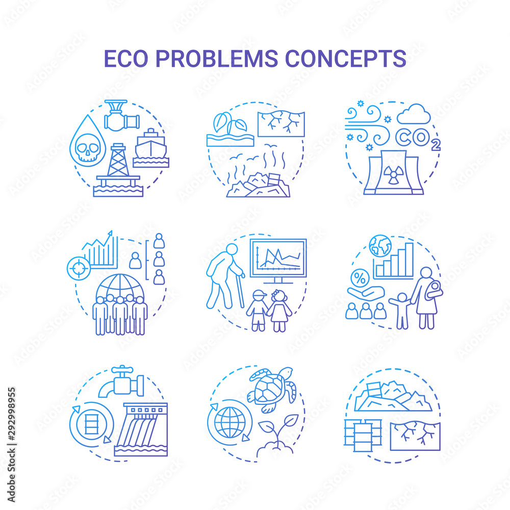 Eco problems concept icons set. Ecological disaster idea thin line illustrations in blue. Pollution of water, soil & air. Overpopulation and biodiversity. Vector isolated outline drawings